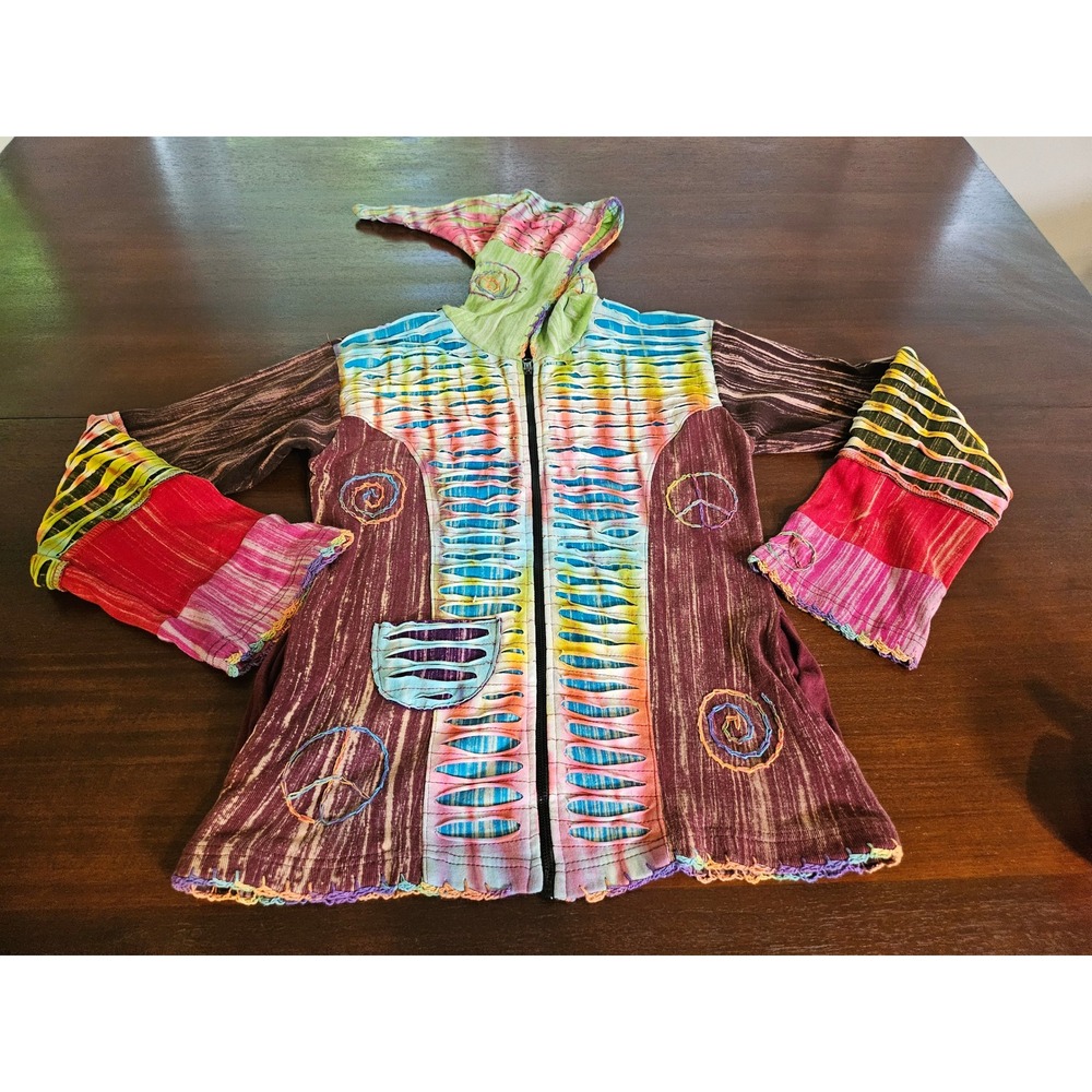 Shop Therapy Patchwork Hoodie Womens L/XL Multi Color Hippie Peace Sign Nepal